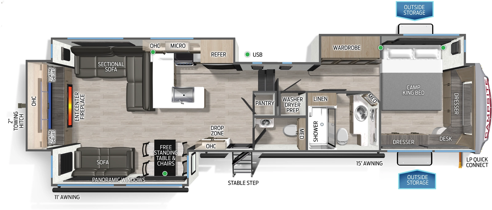 The Campsite Elite 36AK floorplan has one entry and three slide outs. Exterior features include: metal exterior and 11' & 15' awning. Interiors features include: free-standing dinette option, front bedroom, rear living and bathroom and a half.